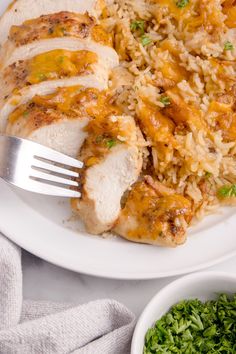 a white plate topped with chicken and rice