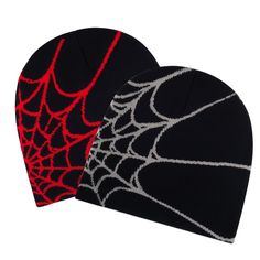 two black and red beanies with spider webs on the front, one is white