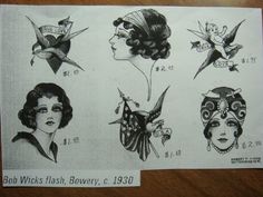 an old fashion drawing of women's hair and face designs from the 1950's