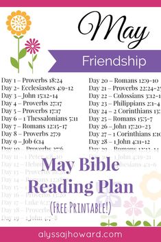 a printable may bible reading plan with flowers and the words may on it in purple