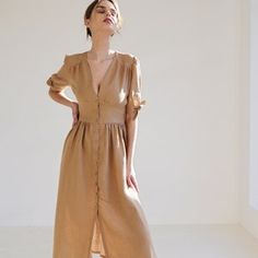 Brown Linen Dress Outfit, Hanoi Outfit, Tie Sleeve Dress, Linen Midi Dress, Linen Color, Sleeves Dress, Vintage Inspired Dresses, Tailored Dress, Small Studio