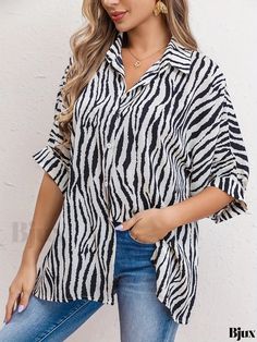 Bjux - Womens Zebra Print Rolled Sleeve Button Front Collar Shirt - Casual and Stylish Fashion Casual Summer Blouse With Zebra Print, Casual Zebra Print Tops For Spring, Spring Zebra Print Tops For Beach, Spring Beach Zebra Print Tops, White Zebra Print Casual Tops, Long Sleeve Maxi, Kaftan Dress, Collar Shirt, Stylish Fashion