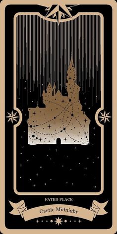 a card with an image of a castle in the middle and stars above it, on top of a black background