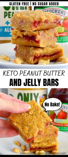 keto peanut butter and jelly bars stacked on top of each other