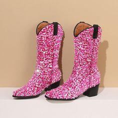 BUSY GIRL Bling/Sparkle Cowgirl Boots w/ Block Heels For Ladies