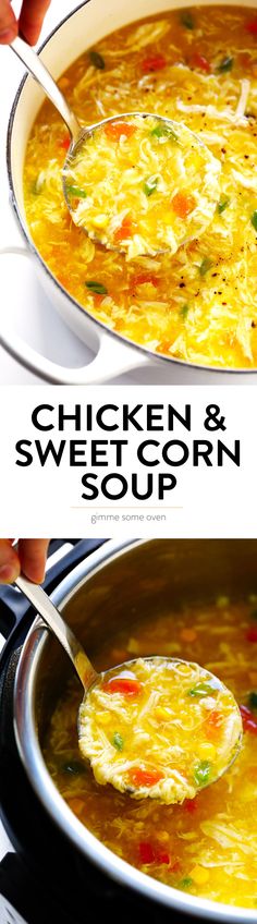 chicken and sweet corn soup in a large pot with spoon being scooped from the bowl