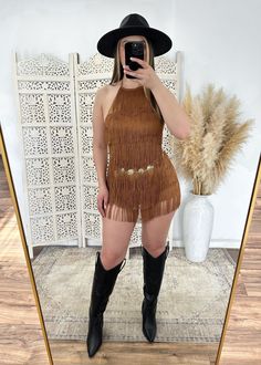 Fringe romper with open back detail -true to size Fringe Skirt With Body Suit, Glam Cowgirl Dresses, Jalisco Dress Concert, Outfits With Fringe Skirt, Outfits For Baile Sorpresa, Duelo Concert Outfit, Cowgirl Outfits With Black Boots, Cowgirl Mexican Outfits, Outfits For A Rodeo