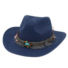 Summer Turquoise Tassel Western Cowboy Ethnic Style Hat Beach Hat Blue Flat Brim Sun Hat For Festival, Blue Sun Hat Cap For Summer, Blue Summer Sun Hat Cap, Western Style Sun Hat For Beach, Western Style Beach Sun Hat, Beach Cap Hat Woven, Western Style Sun Hat For The Beach, Bohemian Sun Hat With Short Brim For Outdoor, Western Blue Sun Hat With Flat Brim