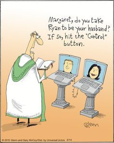 a cartoon depicting two people on laptops with the caption, magnets do you take ryan to be your husband if so hit the control button