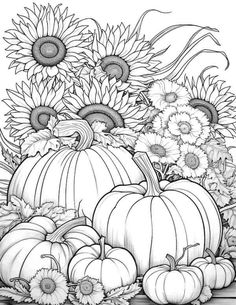 a black and white drawing of pumpkins, sunflowers and flowers on a table