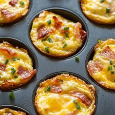 mini pizzas with cheese, bacon and chives in a muffin tin ready to be eaten