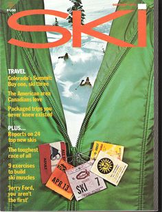 the front cover of ski magazine shows skiers in green jackets and snowboarding gear