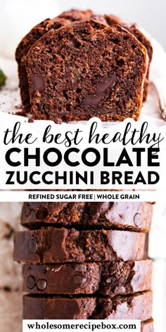 double chocolate zucchini bread stacked on top of each other with the title overlay