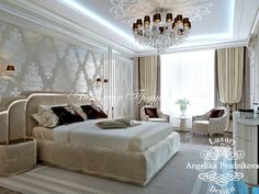 a large white bed sitting in a bedroom next to a chandelier and window