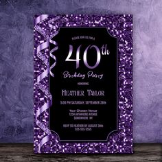 a purple and black birthday party card with the number forty on it's front