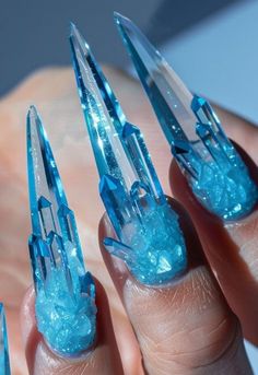 Ice Cycle Nails, Blue Claw Nails, Ice Crystal Nails, Water Blue Nails, Velaris Nails, Halloween Nails Blue, Crazy Long Nails, Fantasy Nails Designs, Blue Crystal Nails