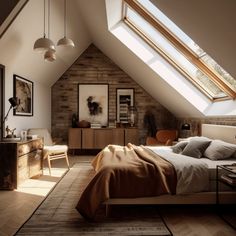 an attic bedroom with a bed, dresser and chair in it's center area