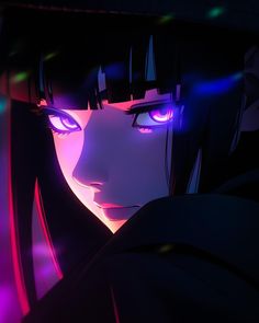 an anime character with purple eyes and black hair, staring at the camera in front of colorful lights