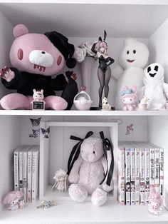 there are many stuffed animals on the shelves