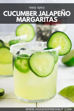 cucumber and lime margaritas are garnished with ice