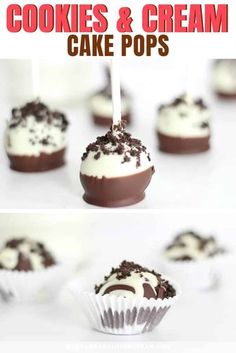 chocolate covered cake pops with white frosting and sprinkles in the middle