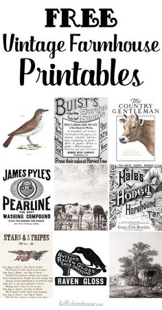 an advertisement for the free vintage farmhouse house printables program, featuring images of farm animals and birds