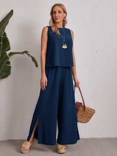 Keyhole Back Solid Top & Split Hem Palazzo Pants Set | EMERY ROSE Solid Co Ord Sets, Pallazo Outfits, Cotton Palazzo Pants, Palazzo Pants Outfit, Co Ords Outfits, Bali Trip, Stylish Tops For Women, Beautiful Casual Dresses, Cord Set