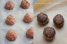 some meatballs are on a baking sheet and next to the same image as they have been cooked