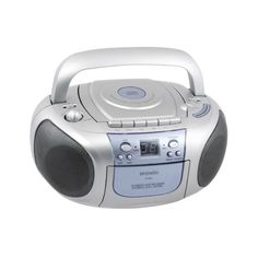 an old style cd player with blue and silver trim