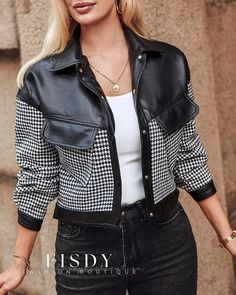 Fisdy - Chaqueta de piel sintética con estampado de pata de gallo y bloque de color Colorblock Jacket, Patch Jacket, Leather Jumpsuit, Color Block Jacket, Chic Type, Looking Dapper, Estilo Chic, Patches Jacket, Daily Dress