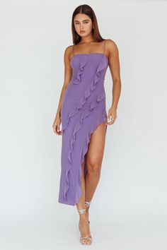 Shop the Catriona Split Ruffle Midi Dress Mauve | Selfie Leslie Ruched Midi Dress With Ruffled Straps For Party, Party Midi Dress With Ruched Ruffled Straps, Party Midi Dress With Ruched Details And Ruffled Straps, Summer Midi Dress With Ruffle Hem For Prom, Party Midi Dress With Ruffled Skirt And Straps, Flirty Ruffled Maxi Dress For Prom, Flirty Spaghetti Strap Maxi Dress With Ruffles, Cocktail Maxi Dress With Ruffled Straps, Night Out Midi Dress With Ruffle Hem And Straps