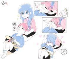 an anime character is hugging another character with blue hair and wearing a pink shirt,