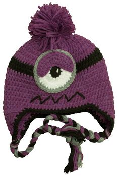 a purple knitted hat with an eye on it