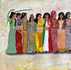 a group of women standing next to each other in different colored dresses and head coverings