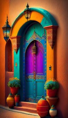 an image of a colorful door with potted plants