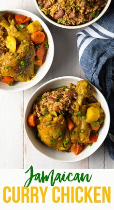 three bowls filled with curry chicken and vegetables