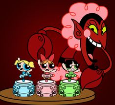 the powerpuff girls cartoon characters are standing in front of some cakes and cupcakes