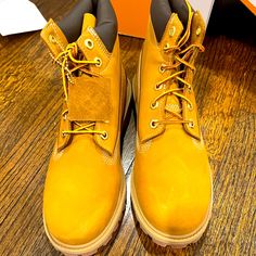 **Never Worn*** Timberland 6" Premium Waterproof Boots - Boys' Grade School Size 07.0 High-top Yellow Boots For Outdoor Activities, Yellow High-top Boots For Outdoor Activities, High-top Timberland Work Boots, Yellow Waterproof Boots With Reinforced Round Toe, Yellow Hiking Boots With Round Toe, Casual Yellow High-top Work Boots, Yellow Round Toe Hiking Boots, Yellow Timberland Boots For Winter, Yellow Work Boots With Reinforced Round Toe