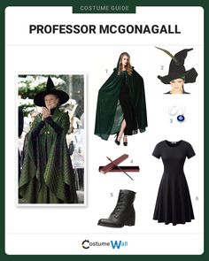 the costume guide for professor mcgonnaal from harry potter is shown in green and black