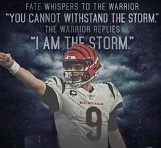 a football player holding his arm up in the air with an inspirational quote above him