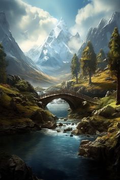 a painting of a mountain scene with a bridge over a stream