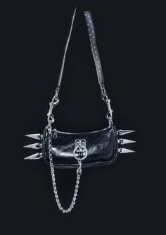 Goth / punk rock style small shoulder wide strap bag. Made with hight quality pu leather and aluminium attachments with large O ring in the centre with 70mm aluminium soikes on both sides comes chunky stainless steel chain attachment. Strap total length is 28inches including the netal connectors. Strap wide 4.5cm  Main material: Pu leather ( vegan leather) Lining material: ,polyester  Closure type: zipper  Function: crossbody bags/messenger bag/should bag 1 pocket inside Size: 24x11x7cm ( length Black Crossbody Bag, Large Crossbody Bags, Handmade Belts, Pu Leather Bag, Bags Messenger, Ring Der O, Punk Rock Fashion, Strap Bag, Black Leather Purse