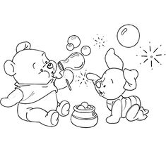 two teddy bears are playing with bubbles in the air and one bear is sitting on the ground