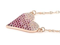 Bella Luce® lab created ruby, lab created pink sapphire, pink and white cubic zirconia 0.80ctw round, Eterno™ 18k rose gold over sterling silver heart necklace. Mirror chain measures approximately 18.00in L x 0.03in W and includes a 2" extender and lobster claw clasp closer. Necklace drop measures 0.69" L x 0.56" W. Valentine's Day Pink Gold Jewelry With Cubic Zirconia, Valentine's Day Pink Gold Cubic Zirconia Jewelry, Pink Pave Setting Jewelry For Gift, Pink Jewelry With Pave Setting As Gift, Sterling Silver Heart Necklace, Silver Heart Necklace, Sterling Silver Heart, Pink Sapphire, Silver Heart