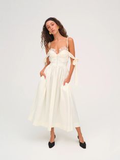 Heidi Midi Dress — Ivory | For Love & Lemons Linen Dresses Elegant, Affordable Wedding Dress, For Love And Lemons Dress, Love And Lemons Dress, Woodsy Wedding, Tartan Skirt, Lemon Dress, Affordable Wedding, Peasant Dress