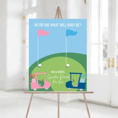 an easel with a golf themed poster on it