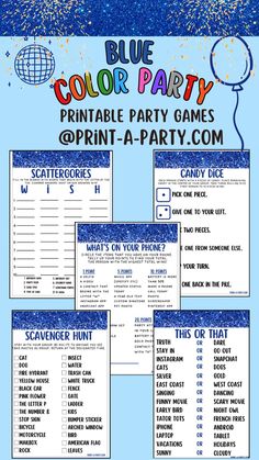 Experience the ultimate blue color-themed party with our vibrant collection of printable games in eight different colors! All are instant download printables and print on regular paper using any color printer. Each game prints 2 per page and measures 5" x 7" each, with convenient dotted lines for simple cutting. Choose 1 game or get all 5 in the bundle! Say goodbye to long shipping times and start playing immediately! If you are hosting a blue themed party, this is a must have! Download your color party games now only at Print-A-Party.com Blue Party Ideas, Blue Themed Party, Blue Party Themes, Adults Party Theme, Scavenger Hunt Birthday, Blue Birthday Parties, Color Party, Kids Birthday Theme, Fun Birthday Party