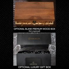 the wooden box is open and has two different labels on it that say, original luxury wood box