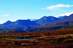 the mountains are covered in green and red foliage