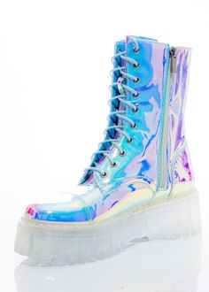 Multi Color Iridescent Combat Boot – Sparkl Fairy Couture Fairy Couture, Pink Combat Boots, Iridescent Shoes, Rave Shoes, Edm Festival Outfit, Combat Boots Style, Festival Outfits Rave, Wishlist 2024, Couture Style